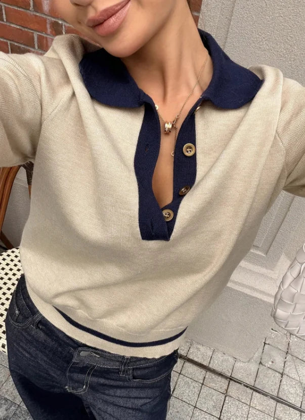 Korean Style Color Block Polo Neck Knitwear Women's Slim Fit Long Sleeve Base Shirt Autumn Winter Fashion Casual Top My Phase Fashion