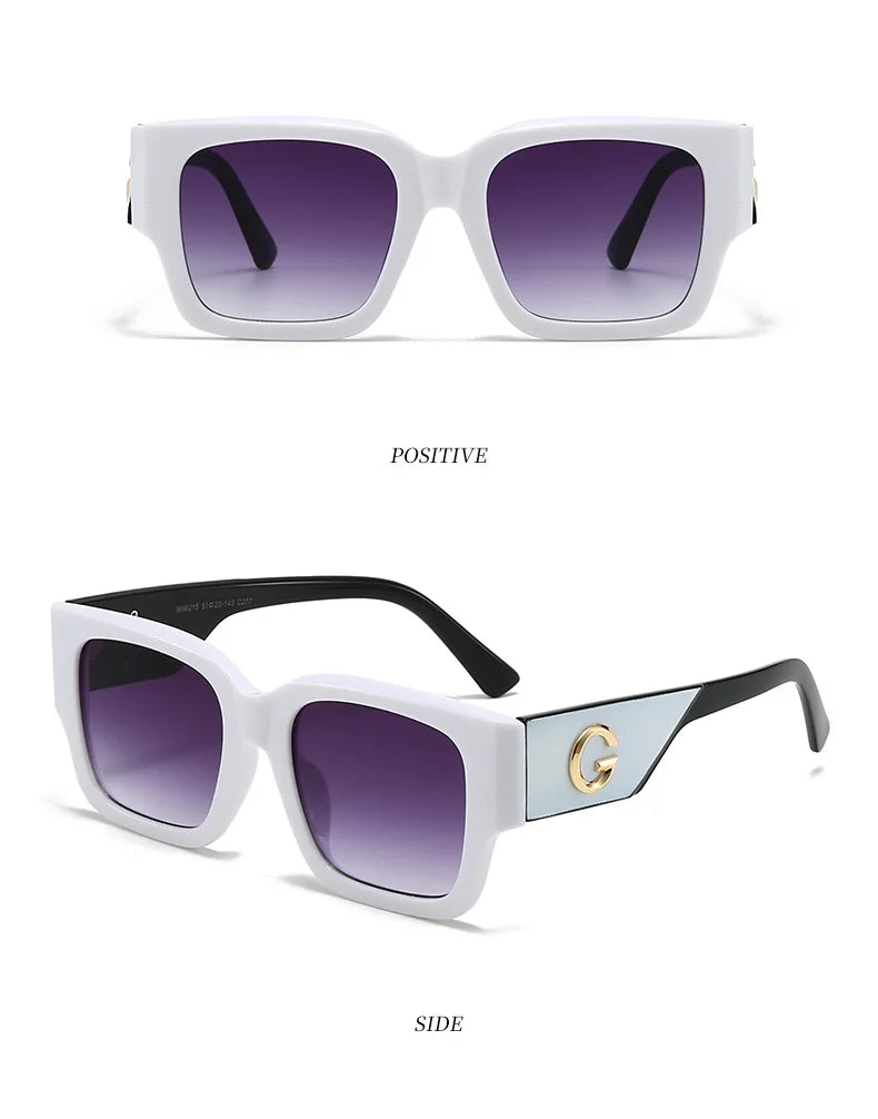 White square sunglasses with purple gradient lenses, shown from front and side angles on a white background, with text indicating white/gray frames and C5 model.