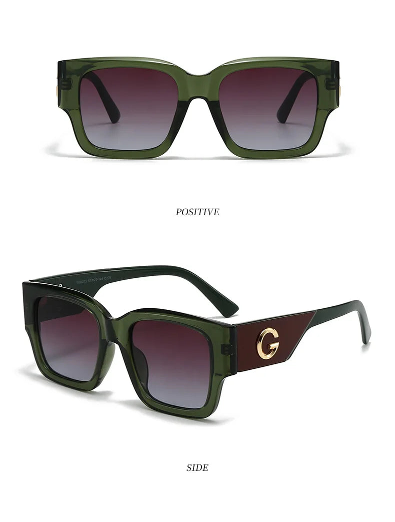 Two views of square sunglasses with a translucent olive green frame and dark gradient lenses. The top view shows the front with the text 'C6 GREEN/TEA ' and 'POSITIVE', while the bottom view shows the side with a gold 'G' logo on the temple and the text 'SIDE'.