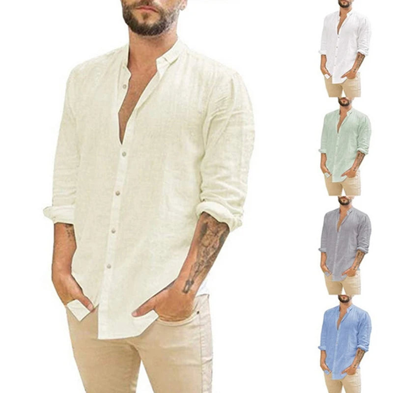 Linen Shirt Men Brief Breathable Comfy Solid Color Long Sleeve Loose Harajuku Casual Blouse Hawaiian Shirt Camisa Masculina 2022