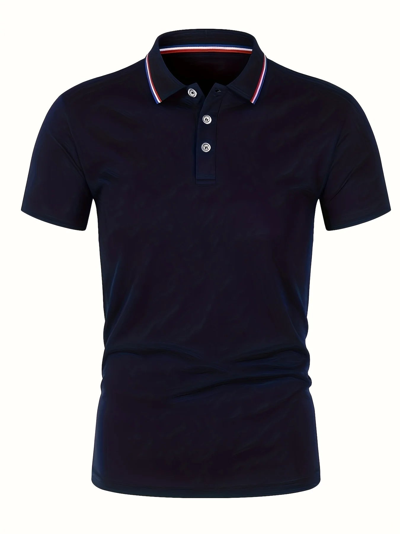 Navy blue polo shirt with white buttons on a white background
