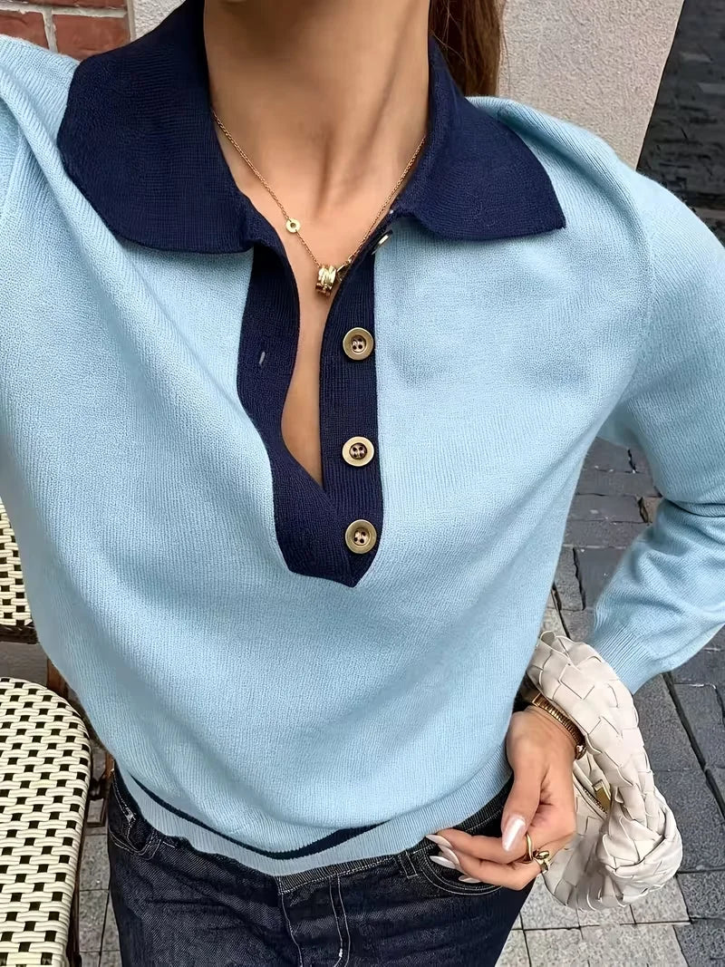 Korean Style Color Block Polo Neck Knitwear Women's Slim Fit Long Sleeve Base Shirt Autumn Winter Fashion Casual Top My Phase Fashion
