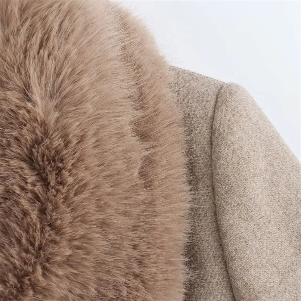 Women's Belt Warm Fur Collar Coat