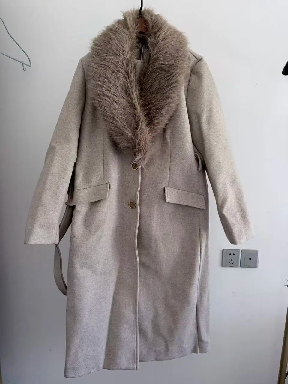 Women's Belt Warm Fur Collar Coat