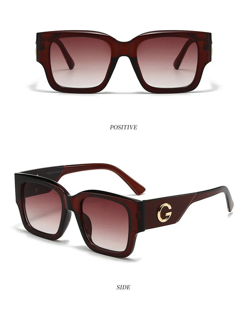 Two views of square sunglasses labeled C3 TEA/TEA on a white background: a front view at the top and a side view at the bottom. The frames are translucent dark reddish-brown with gradient tinted lenses and a gold circular logo on the temple.
