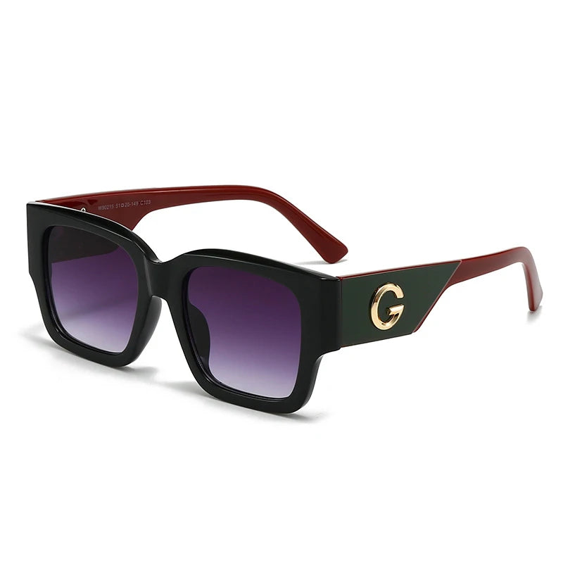 Sunglasses with a gold logo on a white background