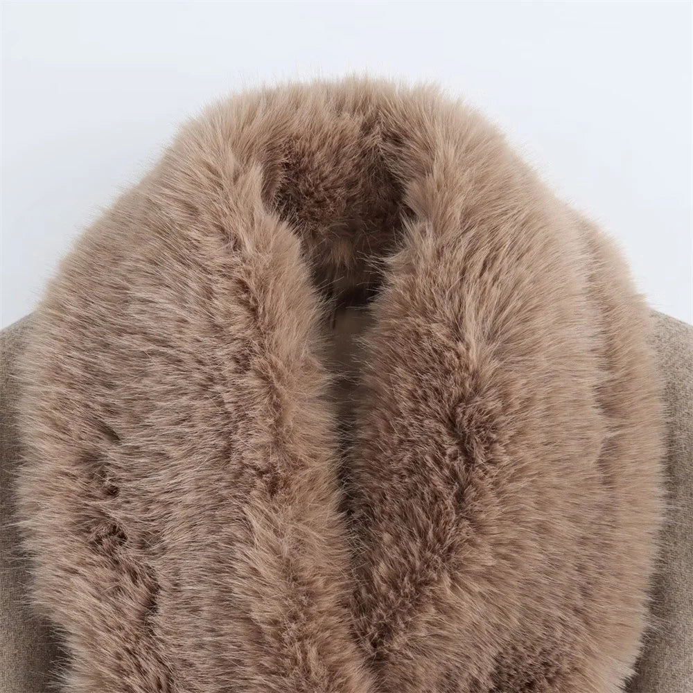 Women's Belt Warm Fur Collar Coat