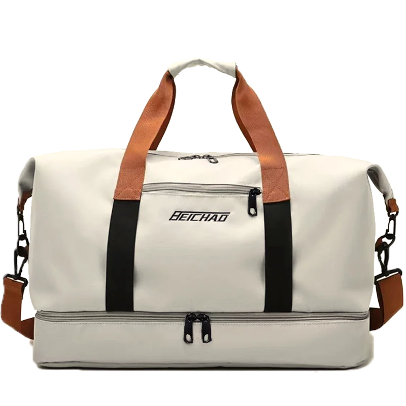 White duffel bag with brown straps and black zippers on a white background