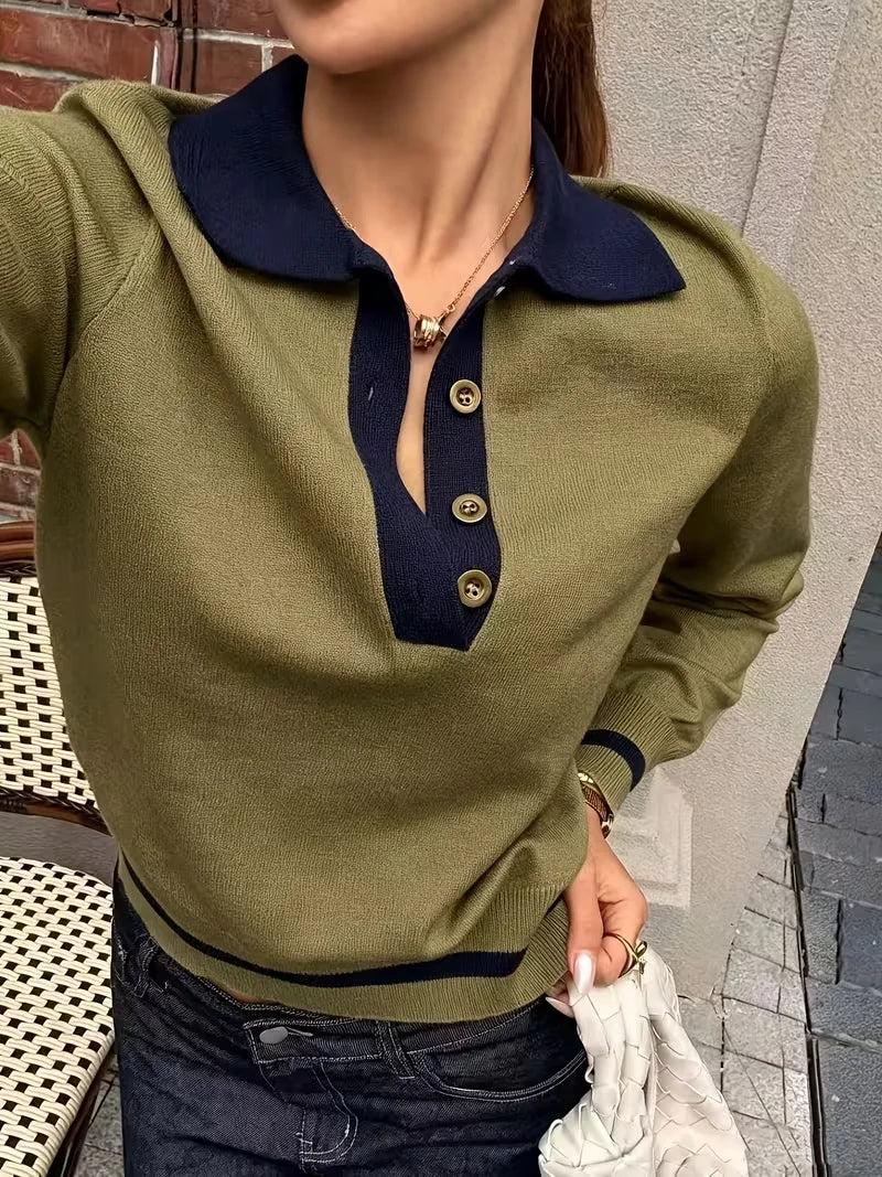 Korean Style Color Block Polo Neck Knitwear Women's Slim Fit Long Sleeve Base Shirt Autumn Winter Fashion Casual Top My Phase Fashion