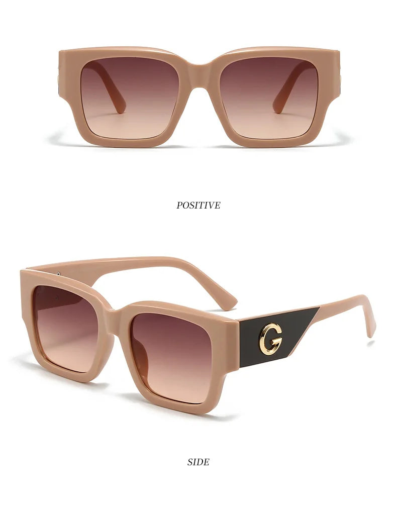 Two views of square cat-eye sunglasses in a pink/tea pink frame with gradient brown lenses. The top view shows the front with the text 'C4 PINK/TEA PINK' and 'POSITIVE'.