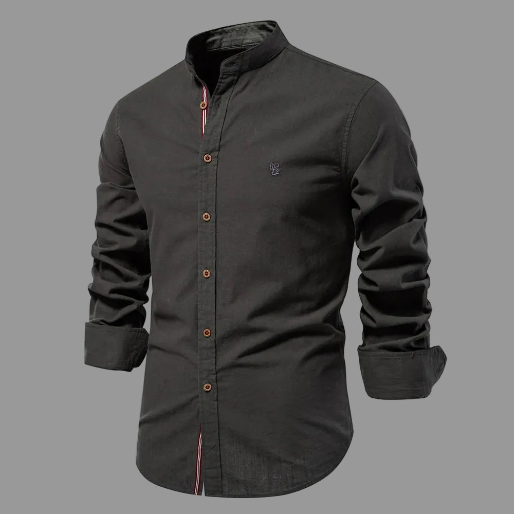 Black button-up shirt with a collar on a white background