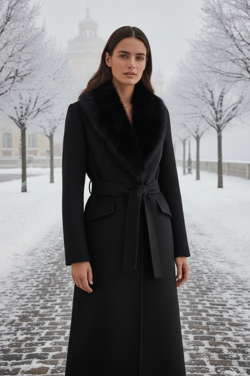 Black fur collar coat on model, winter background