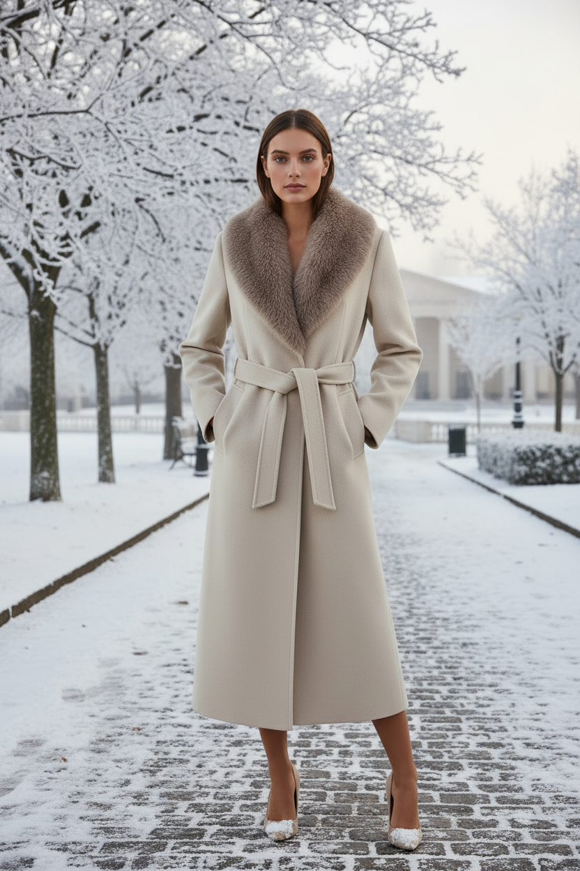 Cream fur collar coat on model, winter background
