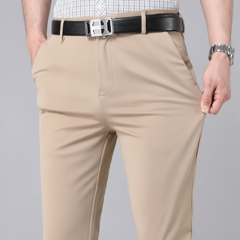 A close-up of a person wearing beige dress pants with a black leather belt featuring a polished silver buckle. The photo is cropped from the chest down, showing the fit of the pants, hands in pockets, and a neutral gray studio background.